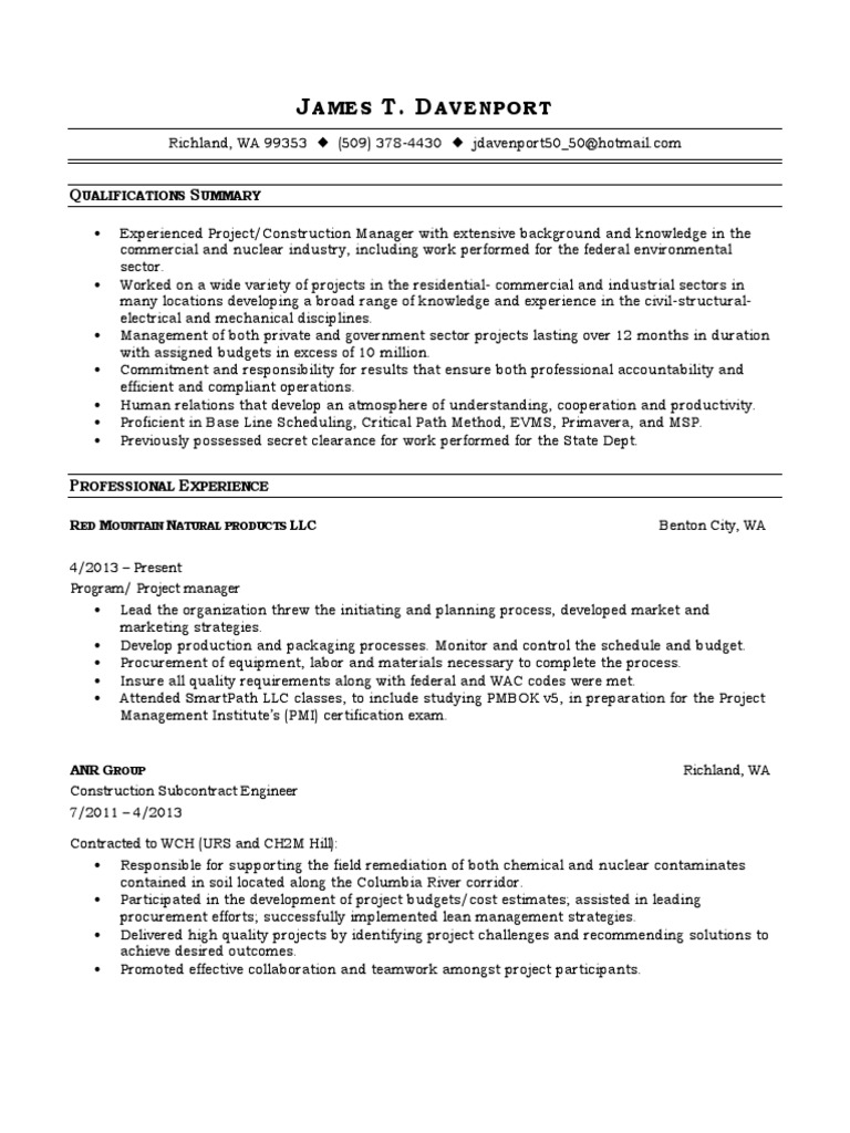 Project Manager Construction in WA Resume James Davenport | PDF ...