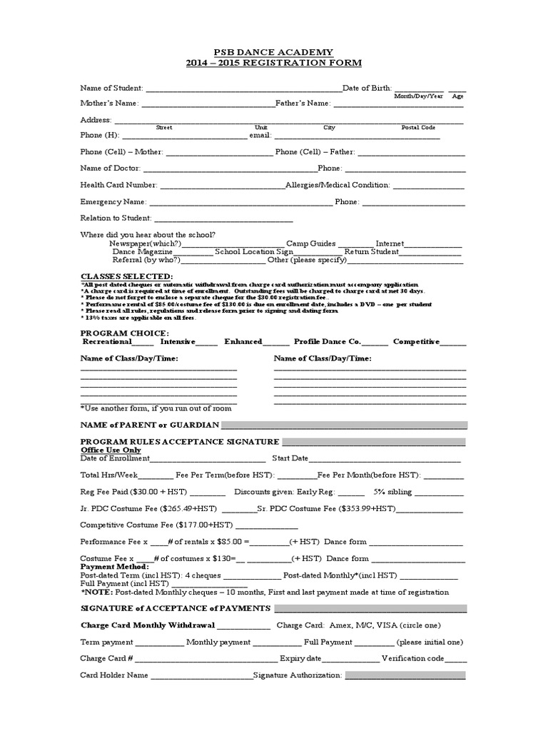 Dance Application Form Format Payments Fee