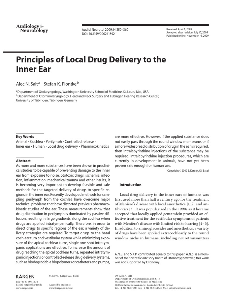 Principles of Local Drug Delivery To The Inner Ear | PDF