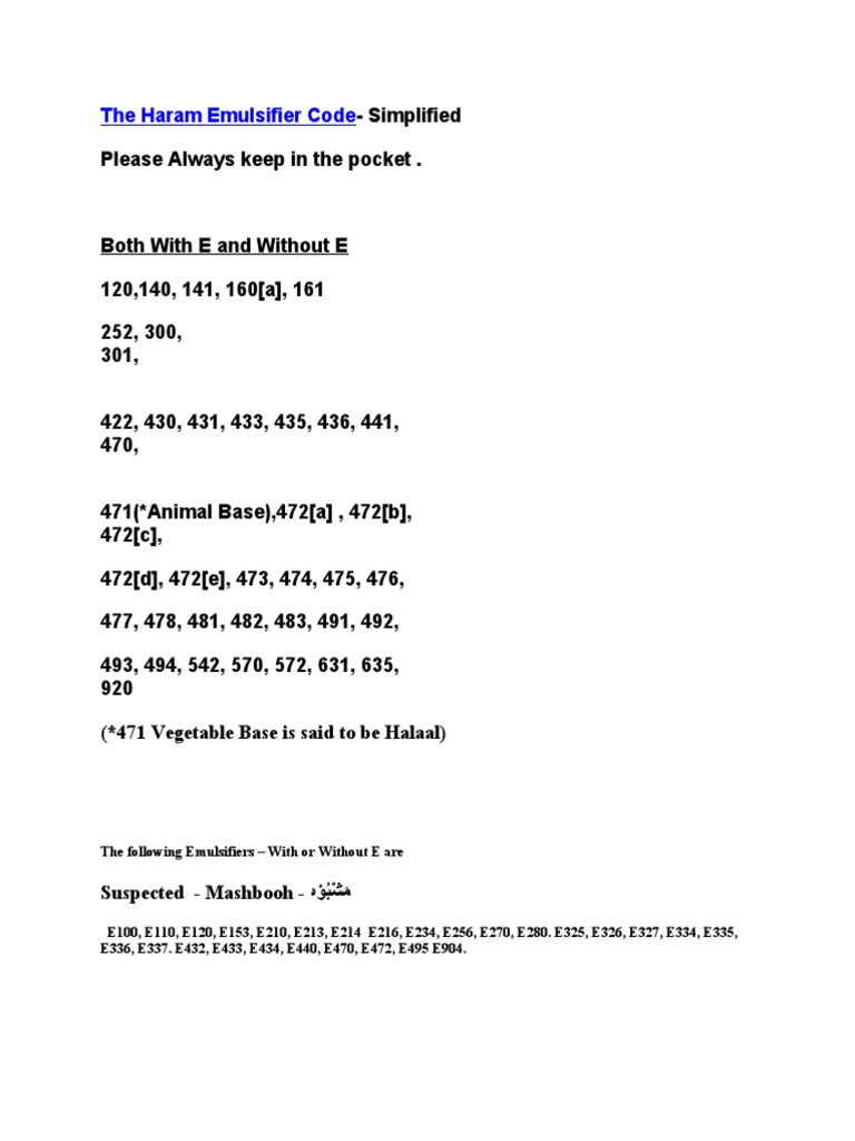 The Haram Emulsifier Code PDF Salt (Chemistry) Chemical