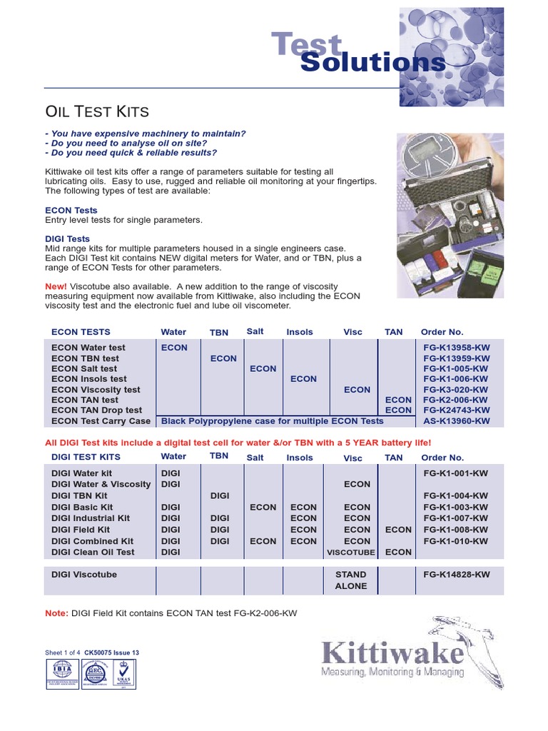 Kittiwake Oil Test Kits Motor Oil Lubricant