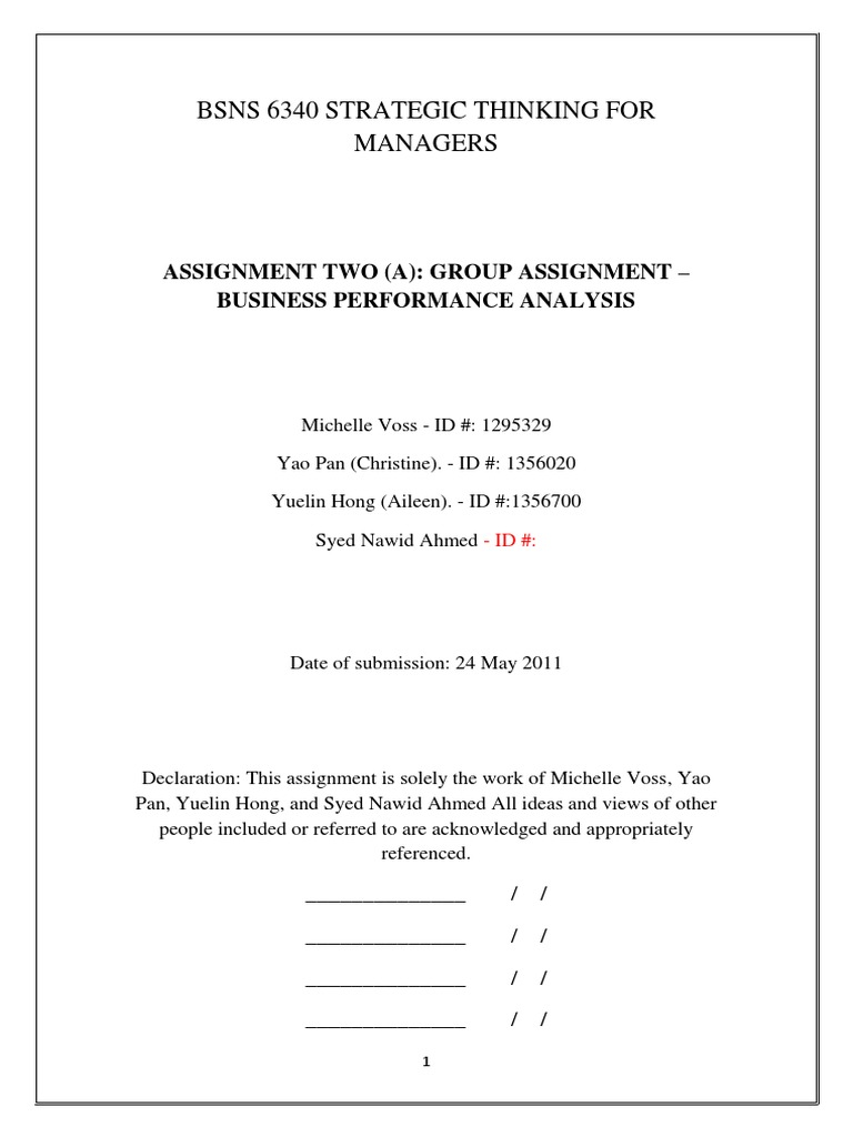 Bsns 6340 Strategic Thinking For Managers: Assignment Two (A) : Group ...