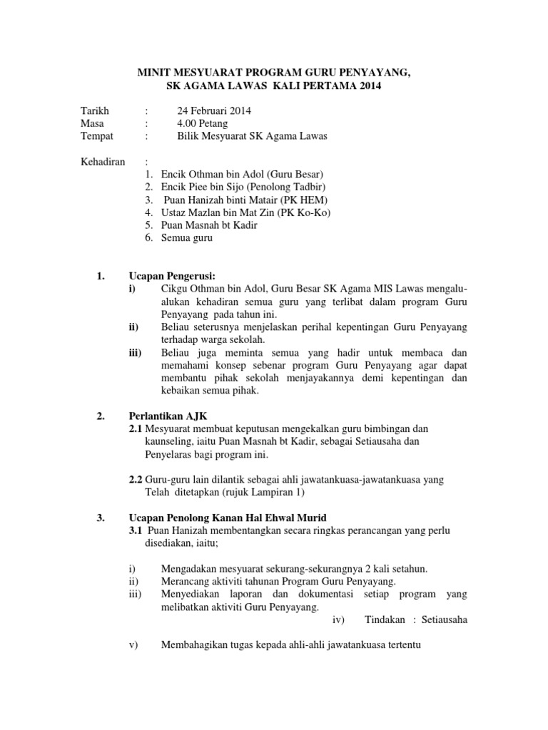 Minit Mesyuarat Guru Penyayang 1 Pdf