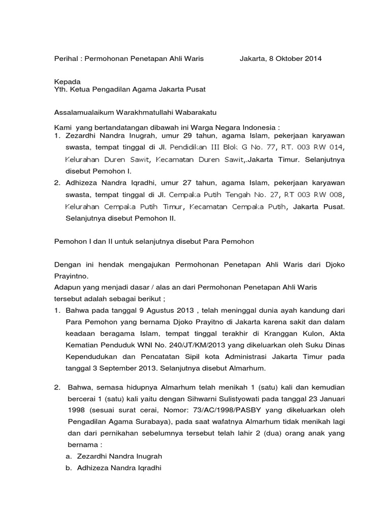Surat Permohonan Waris