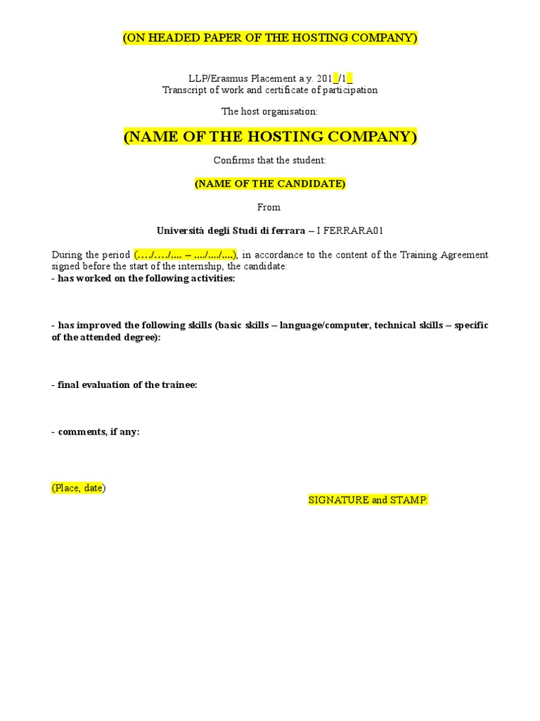 Erasmus Internship Certificate Transcript | PDF