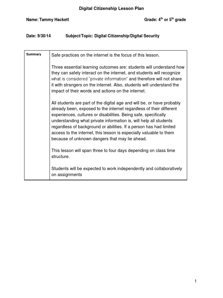 Digital Citizenship Lesson Plan Name Tammy Hackett Grade 4 Or5 Grade