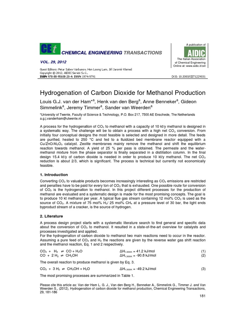 Hydrogenation of Carbon Dioxide For Methanol Production 2012 Chemical ...