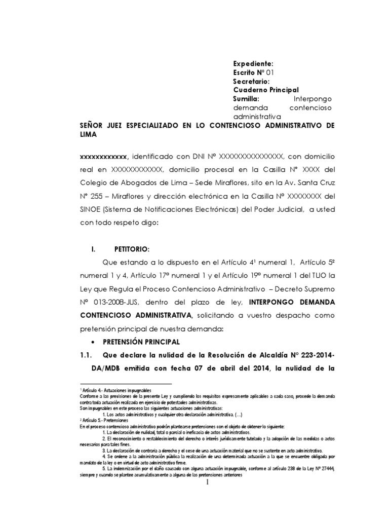 Modelo Demanda Contencioso Administrativo | PDF | Demanda judicial | Ley  procesal