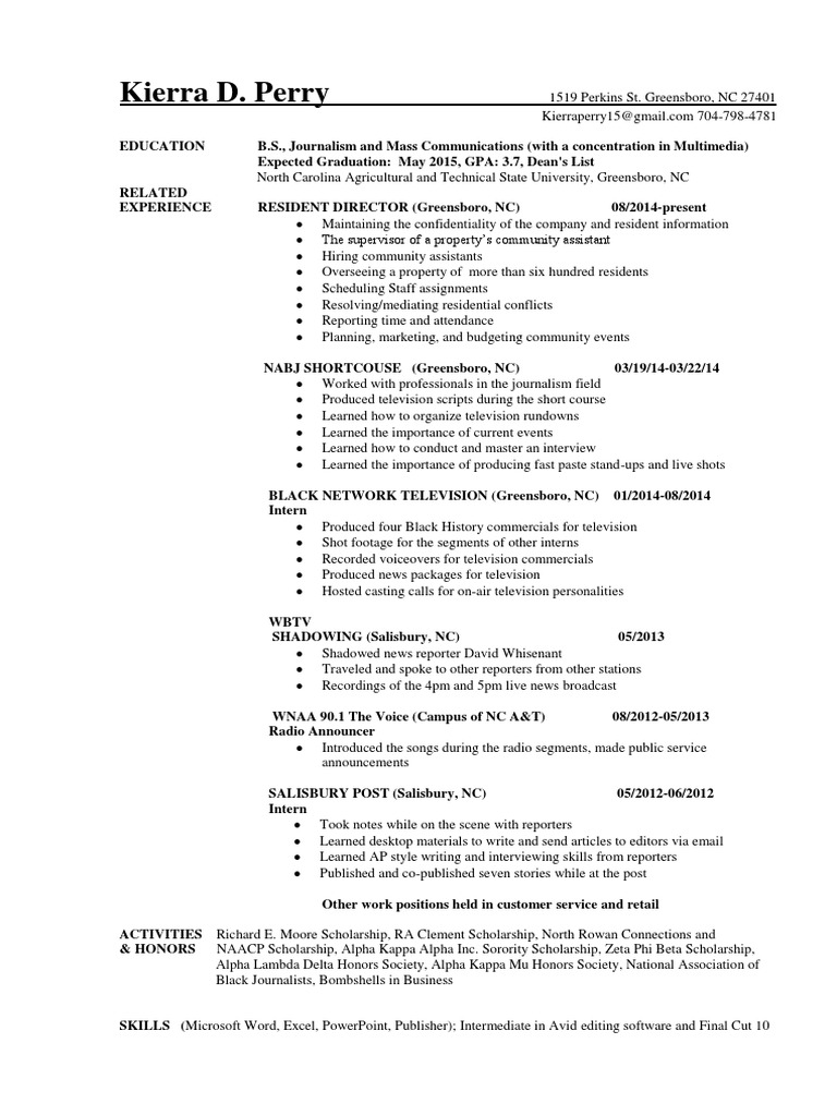 Kierra D. Perry: Journalism Resume | PDF | Social Science