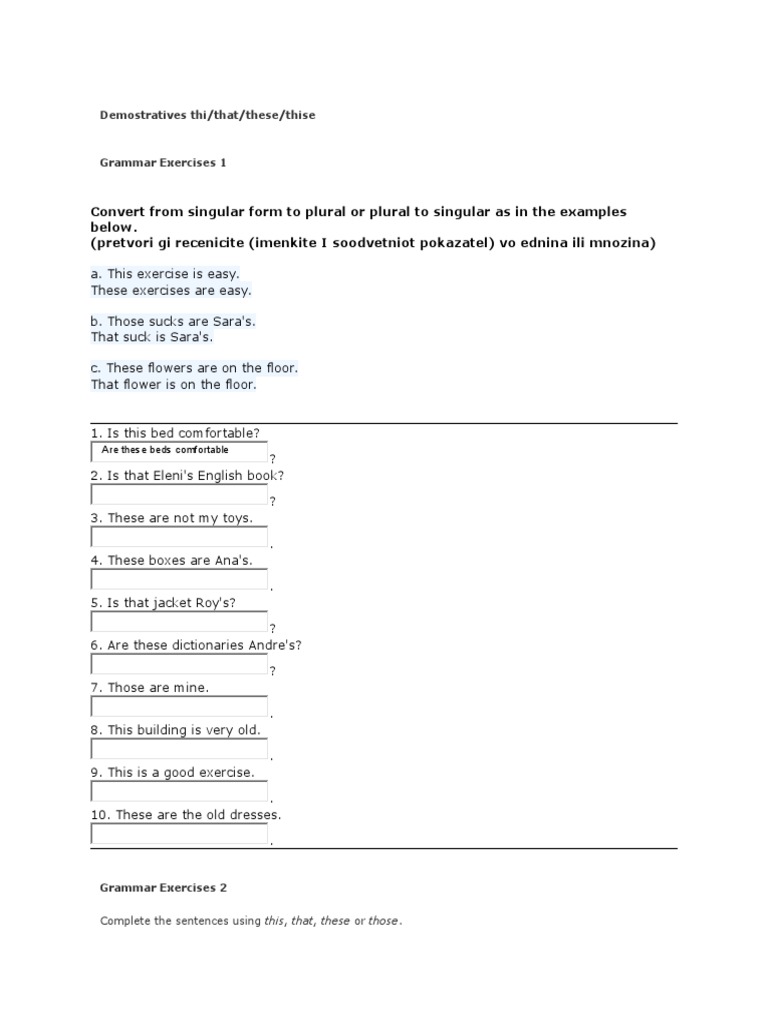 Demonstratives Grammar Exercises | PDF