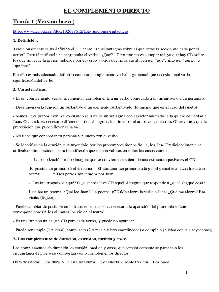 EL COMPLEMENTO DIRECTO. Documento 2, Teoría y Práctica Con Soluciones ...