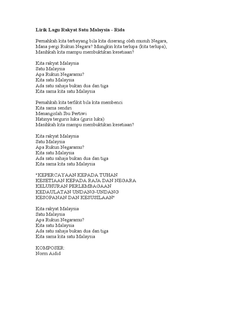 Lirik Lagu Rakyat Satu Malaysia Pdf