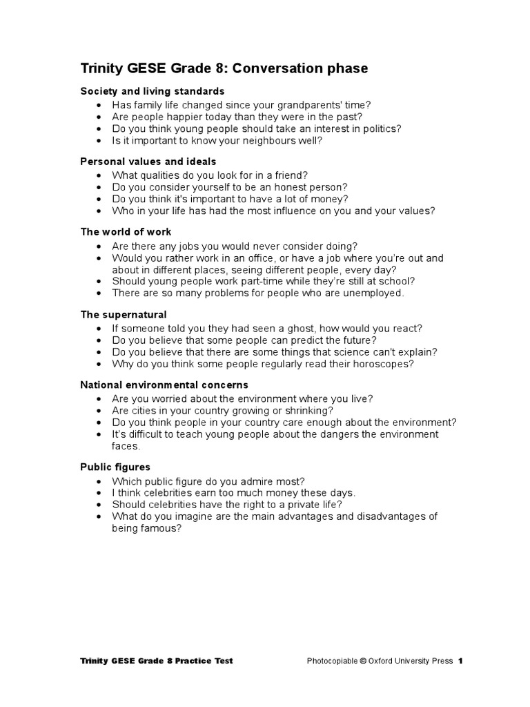 Trinity GESE Grade 8 Conversation Topics | PDF | Wellness