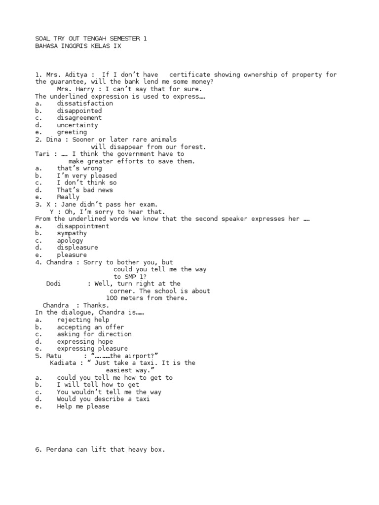 Soal Try Out Tengah Semester 1 Bahasa Inggris Kelas Ix Teaspoon