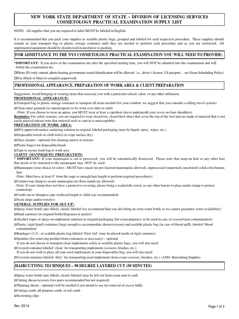 NYS Cosmetology Practical Exam Supplies | PDF | Scissors | Human Appearance