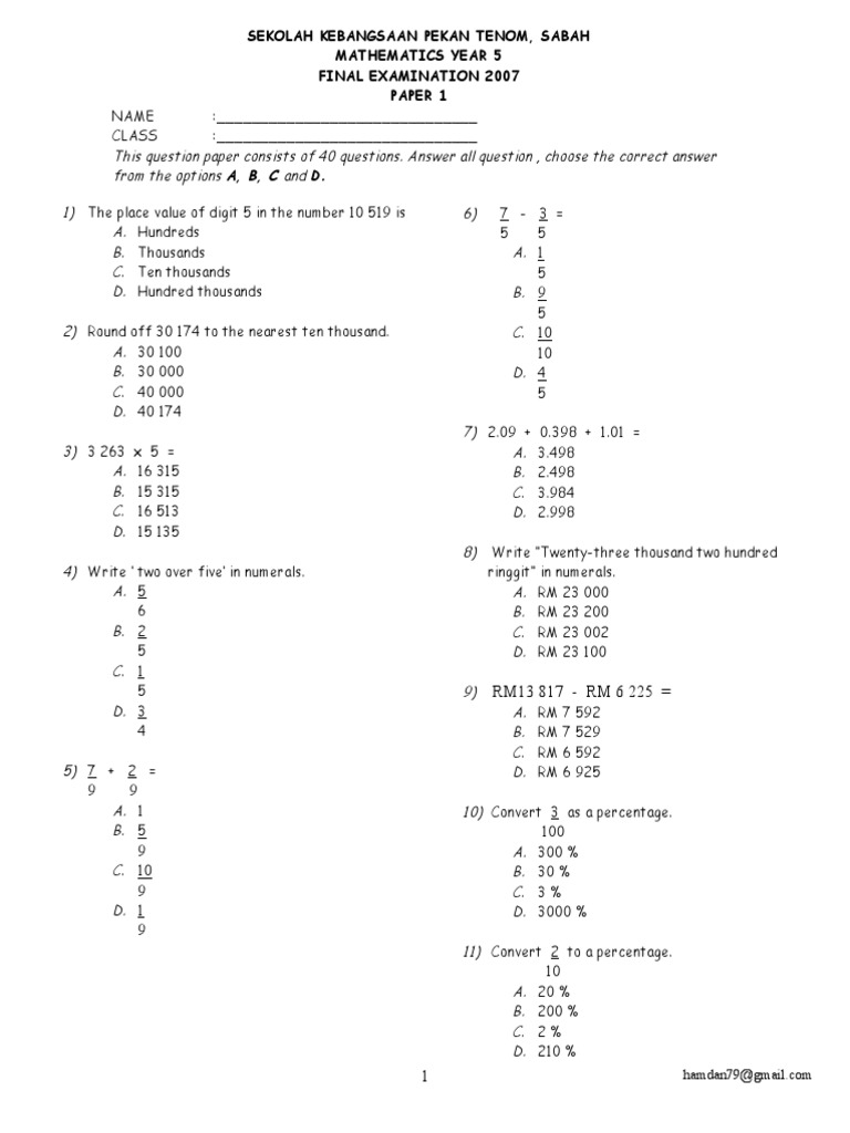 Year 5 Mathematics Exam Questions | PDF | Teaching Mathematics