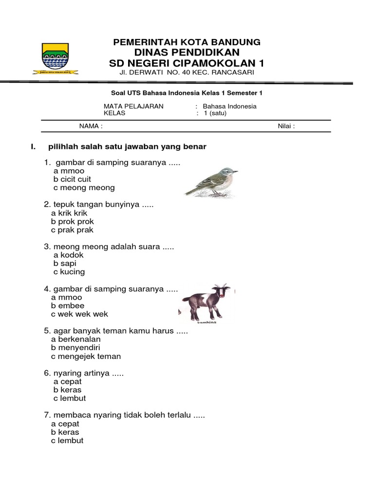 Soal Bahasa Indonesia Ke-1 Kelas 1