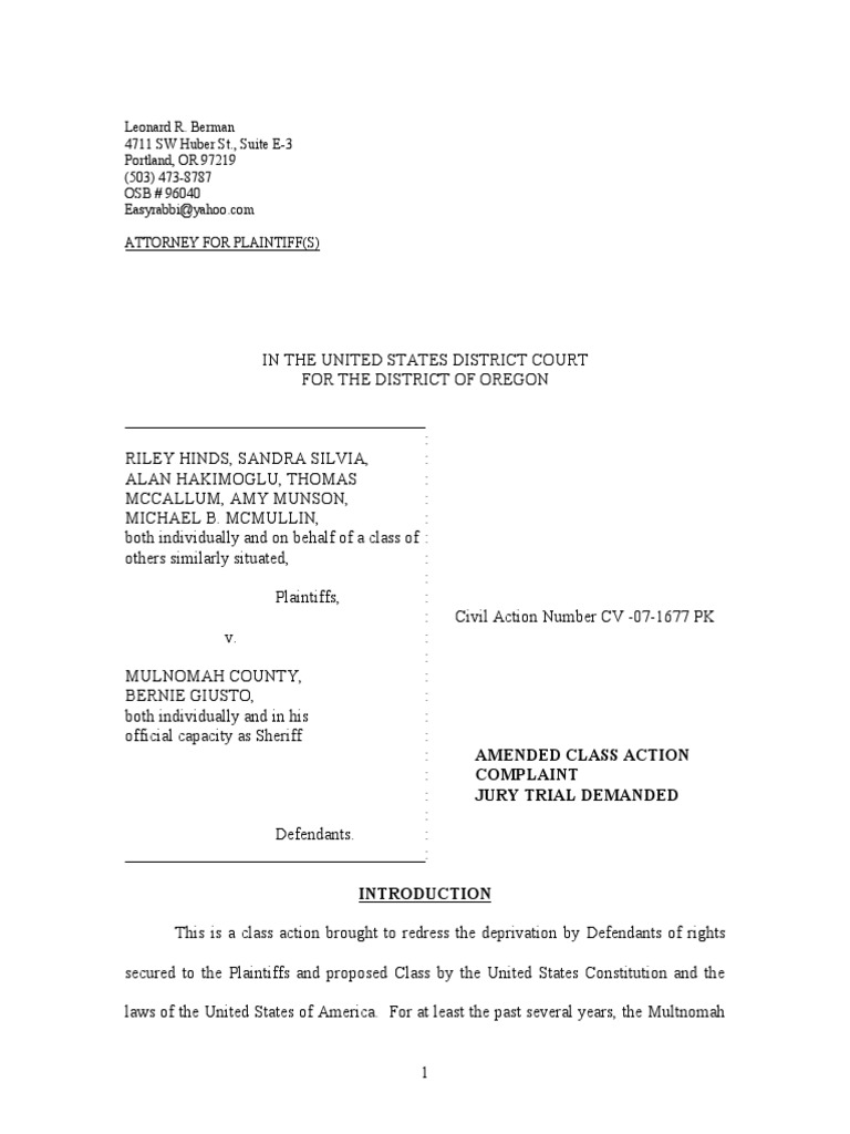 Multnomah Strip Search Lawsuit Download Free PDF Class Action