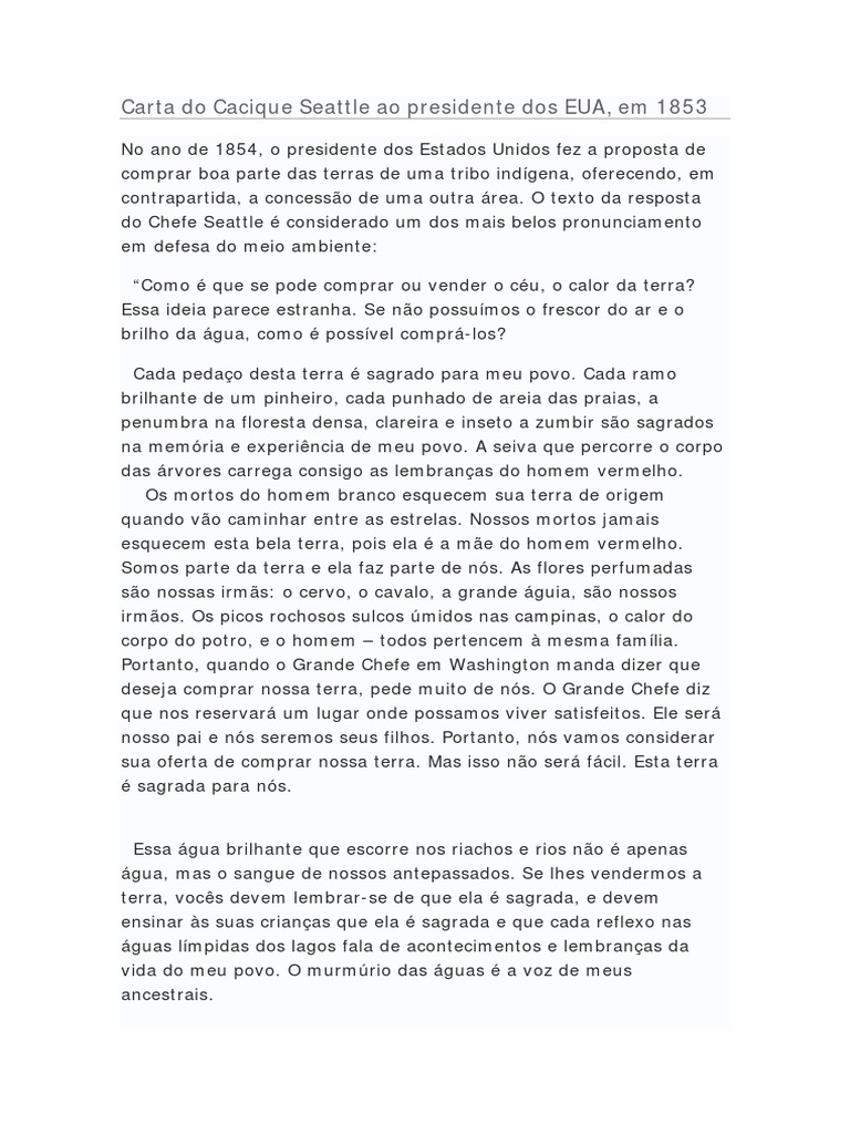 Perguntas E Respostas Sobre A Carta Do Cacique Seattle