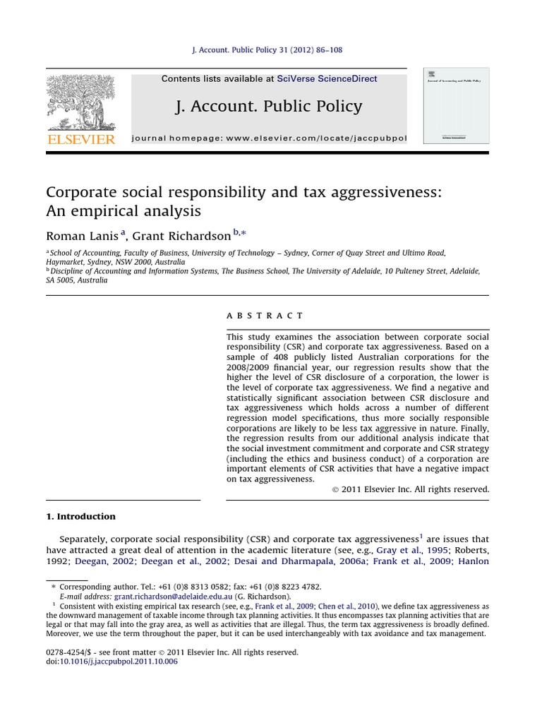 CSR Impact on Tax Aggressiveness | PDF | Corporate Social ...