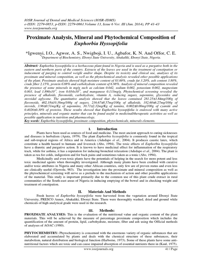 Proximate Analysis, Mineral and Phytochemical Composition of Euphorbia ...