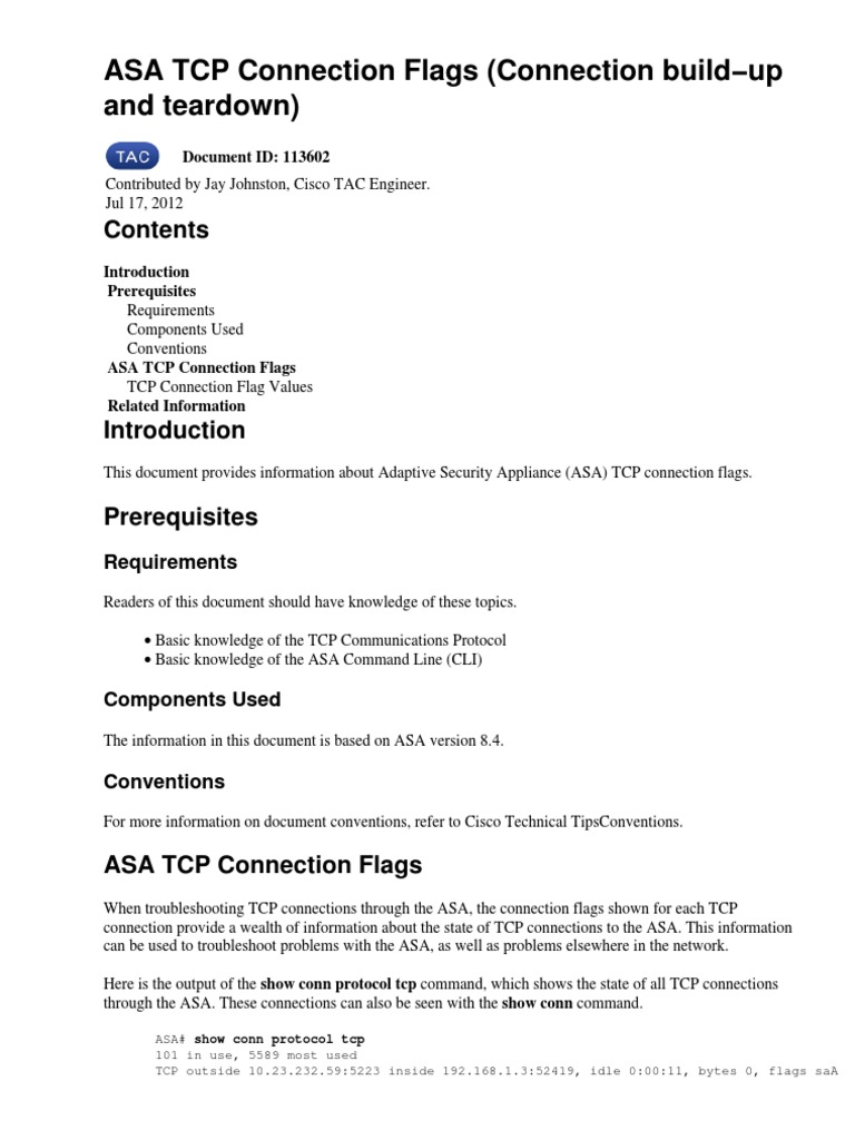 TCP Connection Flags On ASA PDF Transmission Control Protocol
