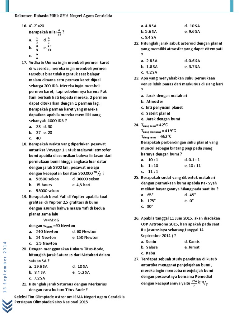 Soal Tes Olimpiade Astronomi