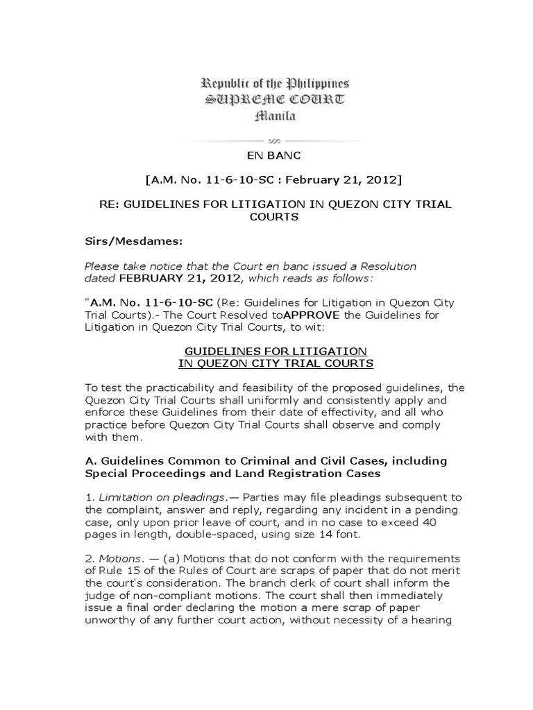 (A.M. No. 11-6-10-SC: February 21, 2012) RE: GUIDELINES FOR LITIGATION ...