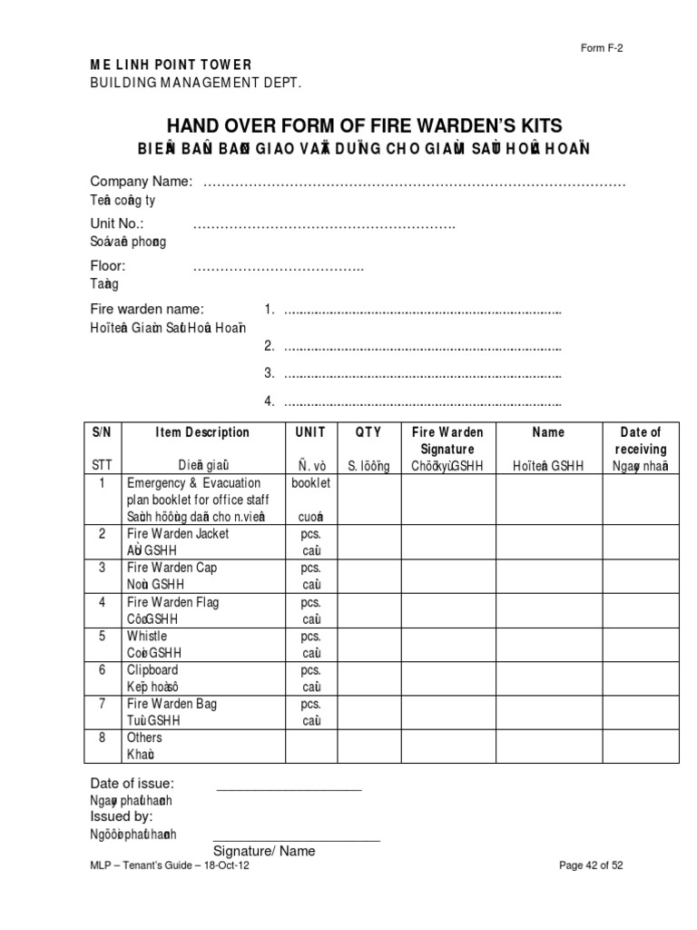 Fire Warden Kit Handover Form | PDF