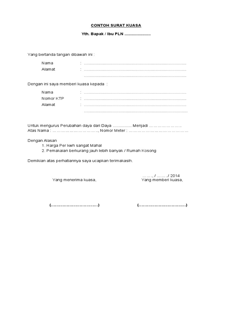 Surat Kuasa Perubahan Daya Pln