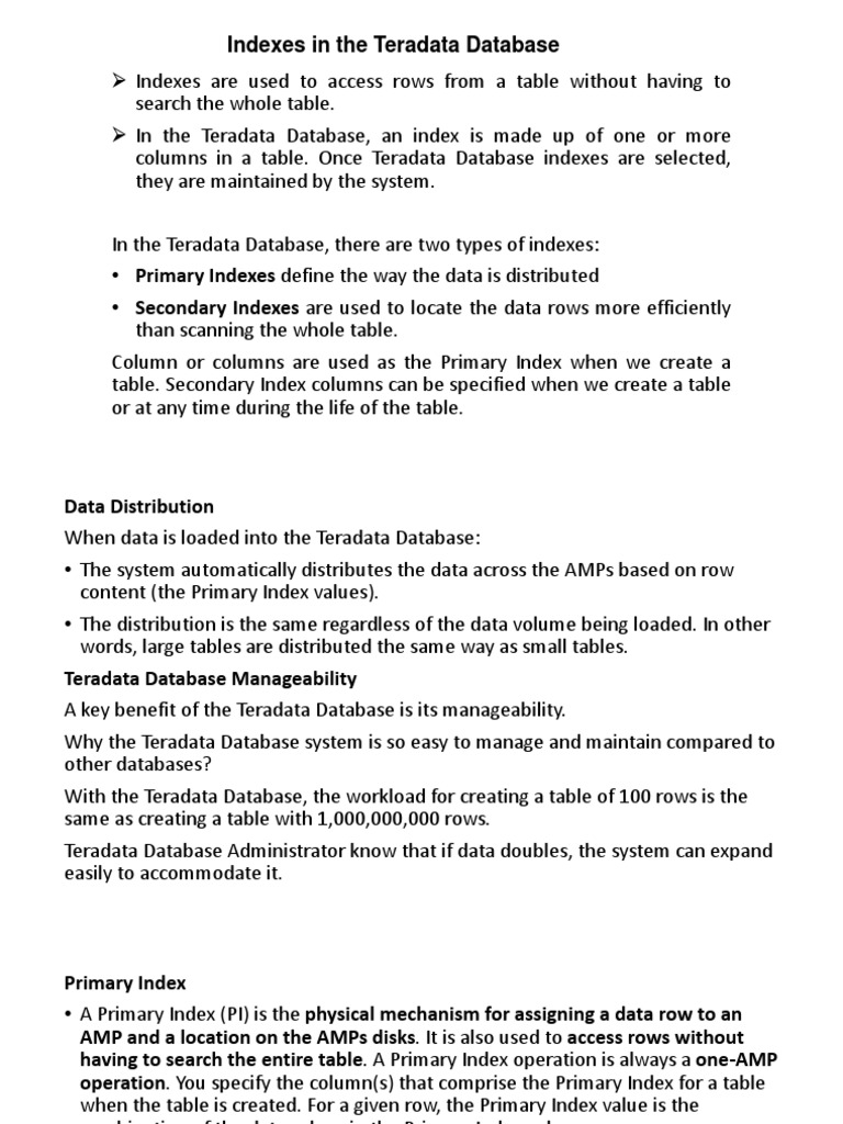 Indexes in The Teradata Database PDF Database Index Table (Database)