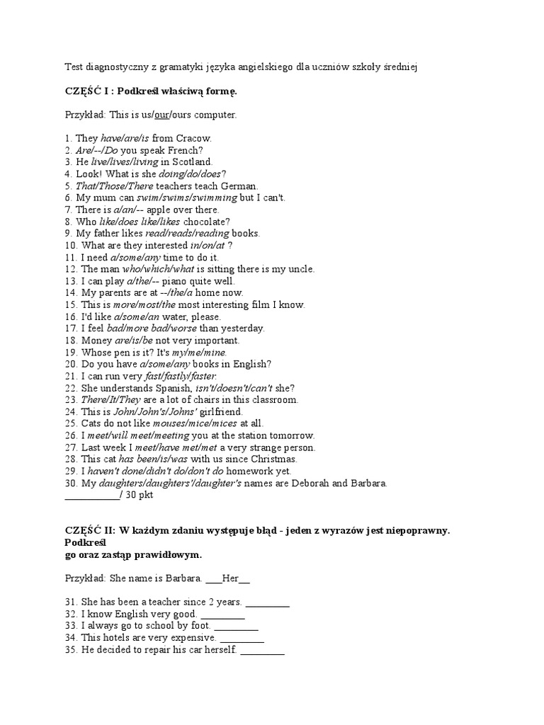 Test Diagnostyczny Z Języka Angielskiego Klasa 5 Pdf Test Diagnostyczny Z Gramatyki Języka Angielskiego Dla Uczniów Szkoły
