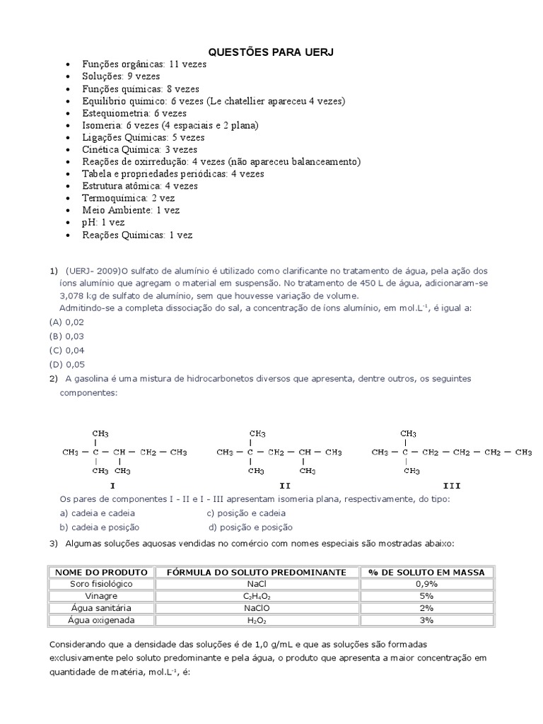 Questões para Uerj | PDF | Mol (unidade) | Química Orgânica