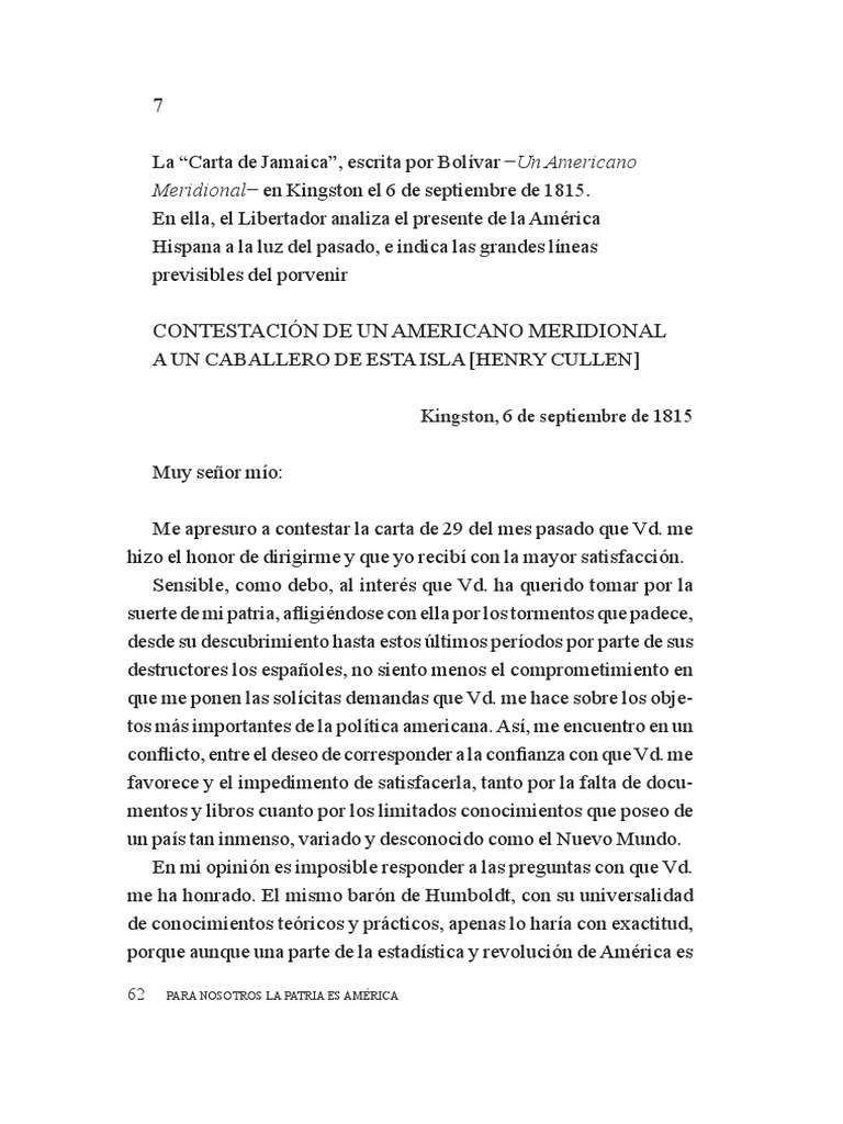 Who did simón bolívar write the jamaica letter to image