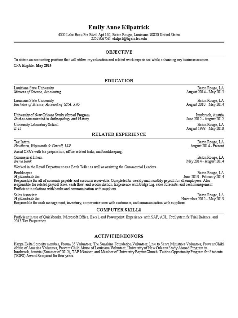 Emily Anne Kilpatrick's Resume Summary | PDF