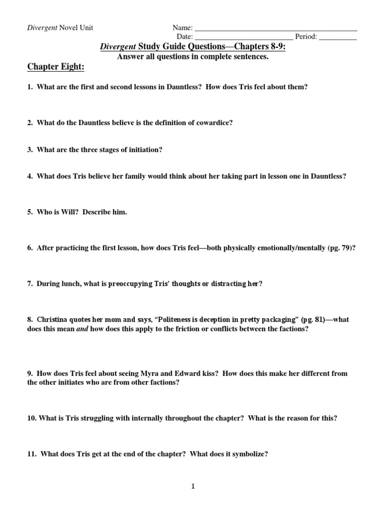Divergent Study Guide: Chapters 8-9 Questions | PDF