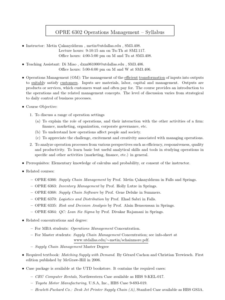 Introduction to Operations Management Course Syllabus | PDF ...