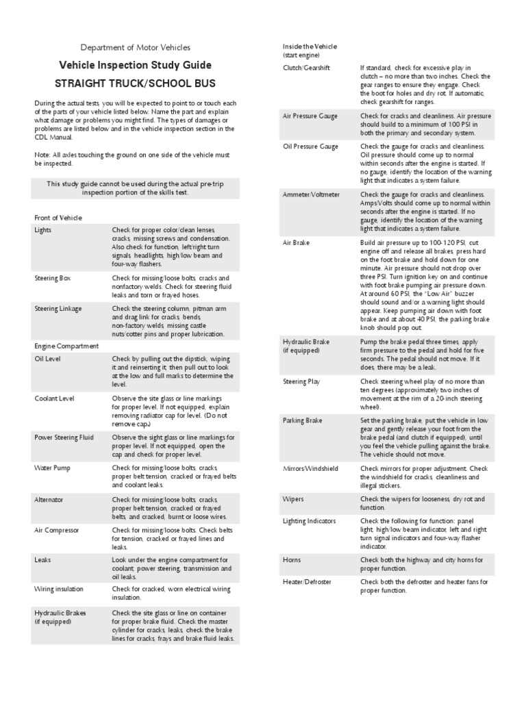 Vehicle Inspection Study Guide Straight Truck/School Bus: Department of ...