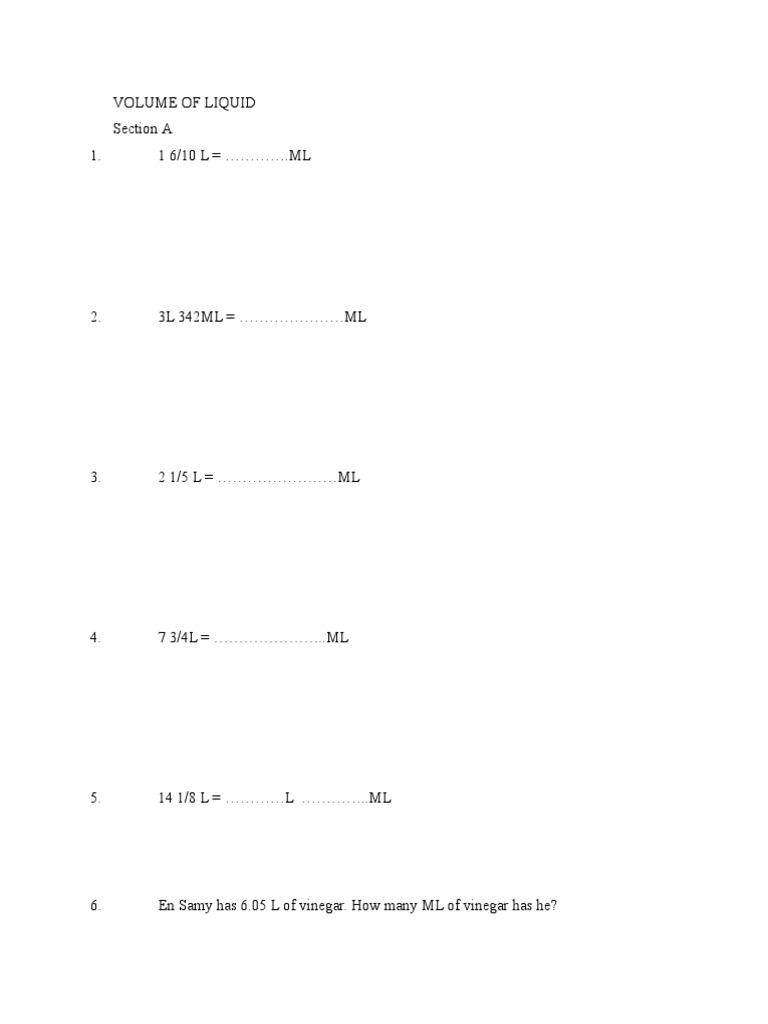 Liquid Volume Measurement Exercises | PDF