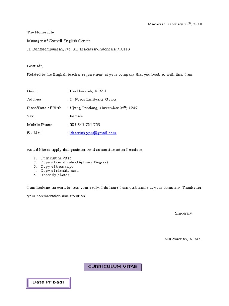 Application for English Teacher Position | PDF