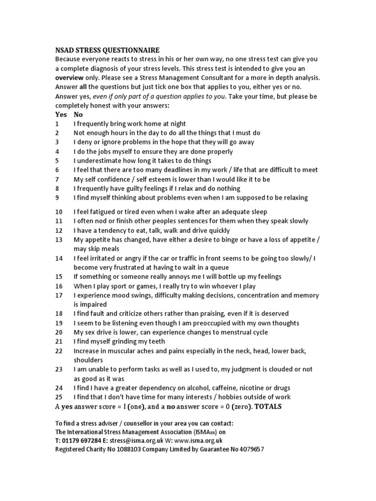 Nsad Stress Questionnaire | PDF | Cognition | Behavioural Sciences