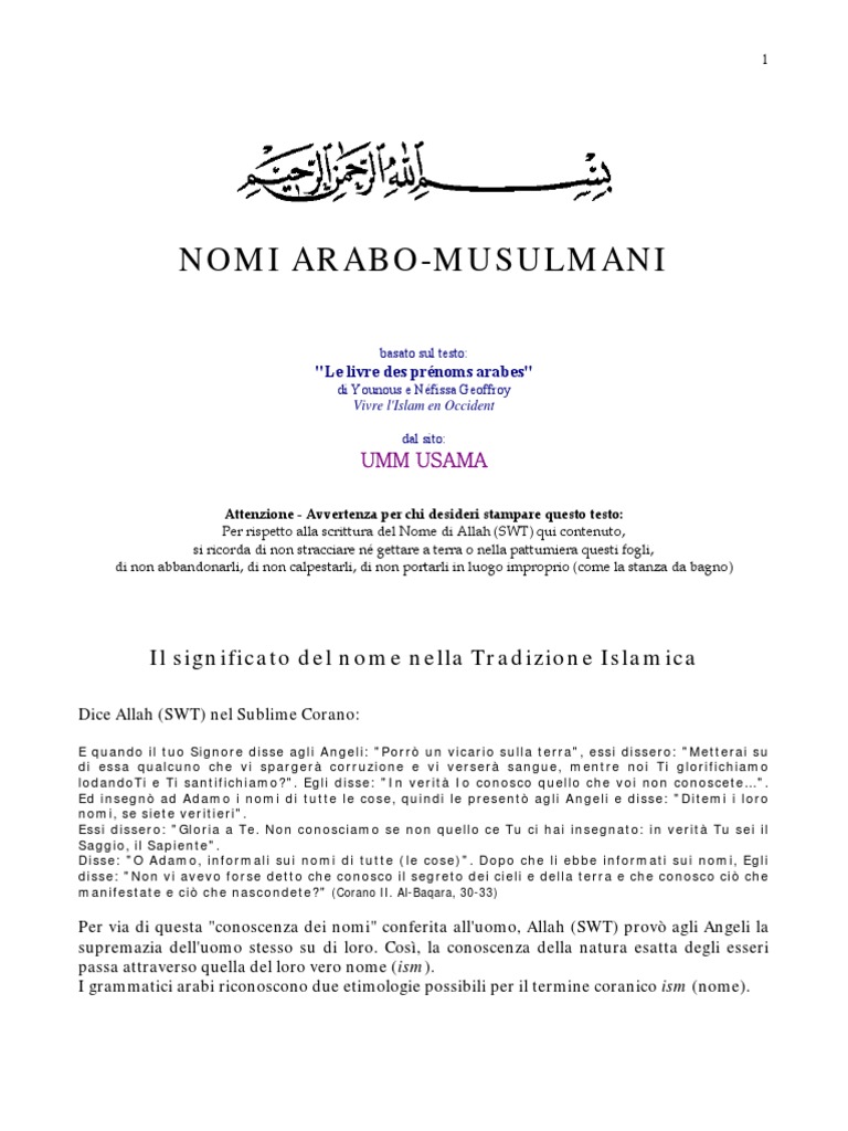 Nomi AraboMusulmani Il significato del nome nella Tradizione Islamica