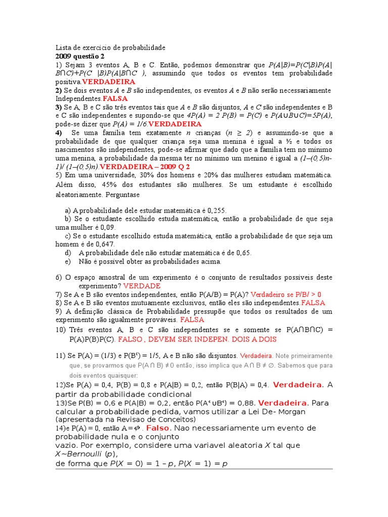 Questões de Probabilidade Resolvidas 2009 | PDF | Probabilidade ...