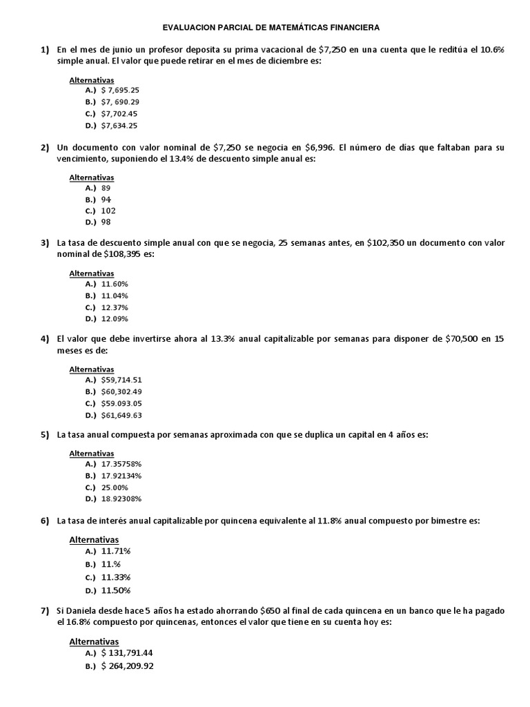 Evaluación de Matemáticas Financieras | PDF | Tasas de interés | Economias
