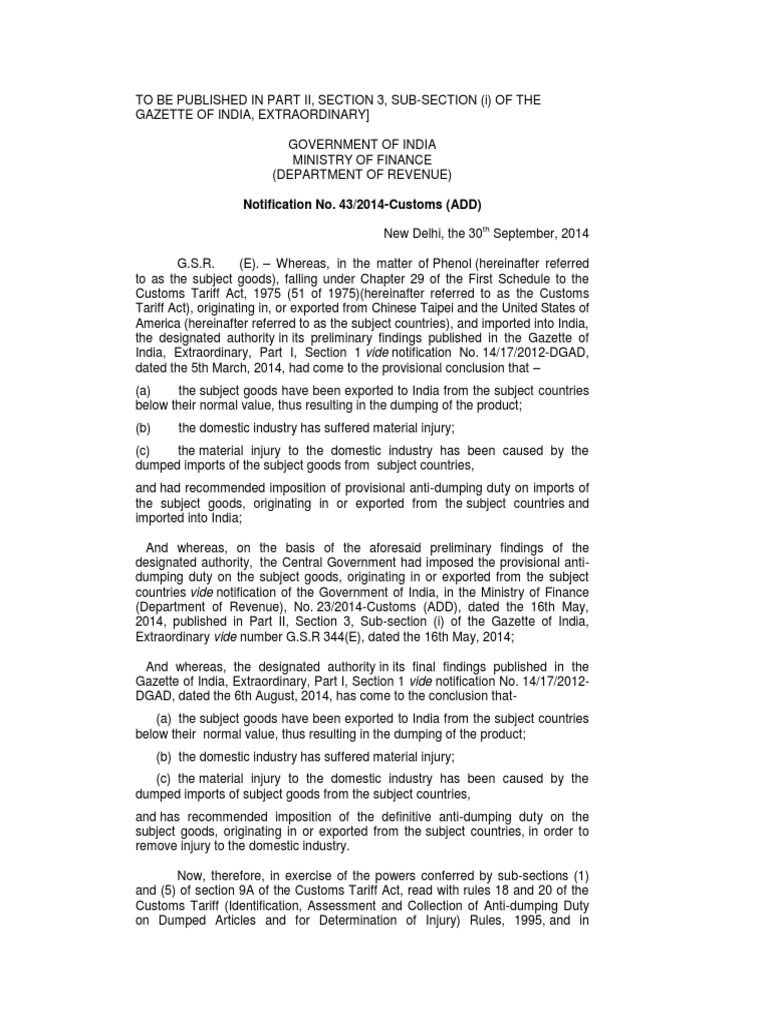 Anti Dumping Duty Notifications (Customs) No.43/2014 Dated 30th September, 2014 Dumping