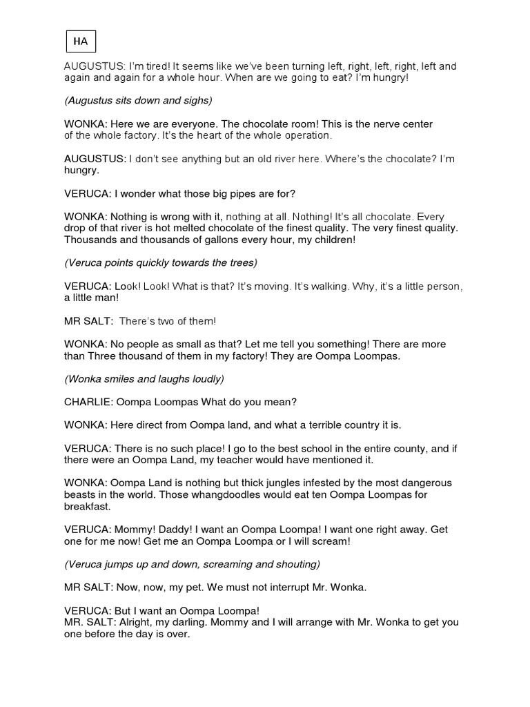 cigarettes and chocolate play script Augustus and the Chocolate River Scene | PDF