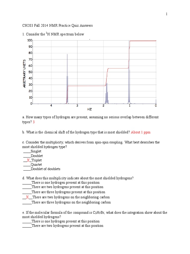 CH203 Fall 2014 NMR Practice Quiz 1 Answers PDF PDF Proton Nuclear