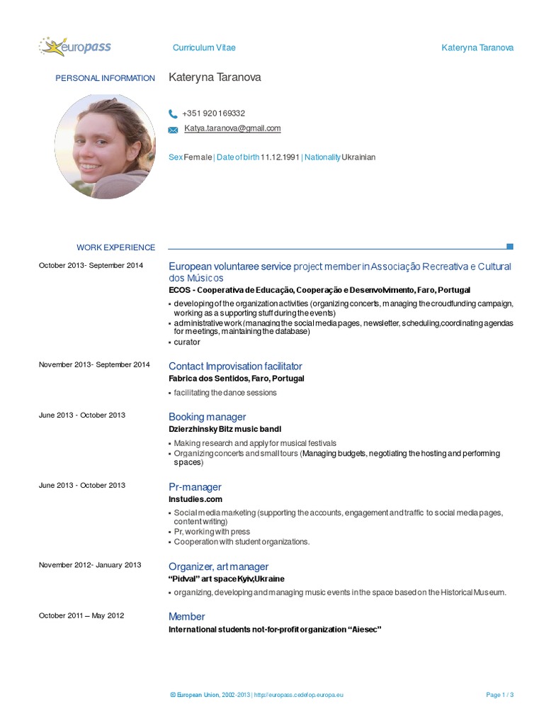 Taranova Europass Cv Pdf Kiev Ukraine