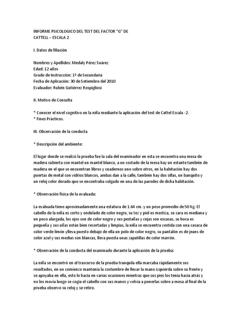 Informe del Test de Factor G de Cattell | PDF | Memoria | Cociente de ...