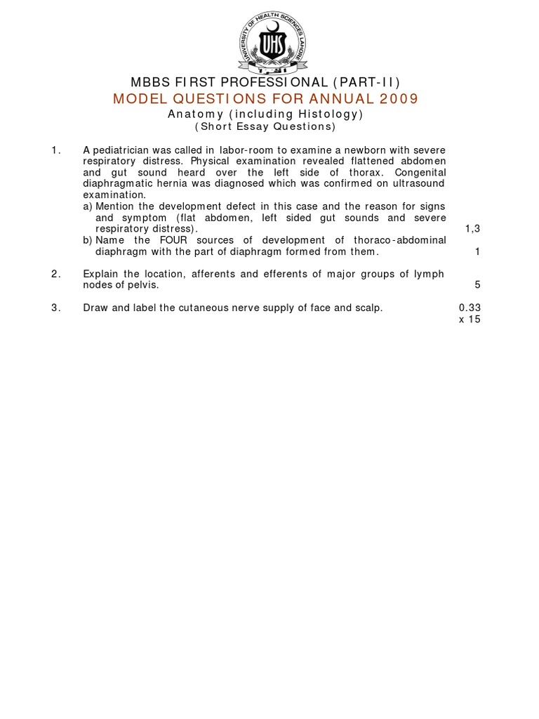 MBBS Anatomy Model Questions 2009 | PDF